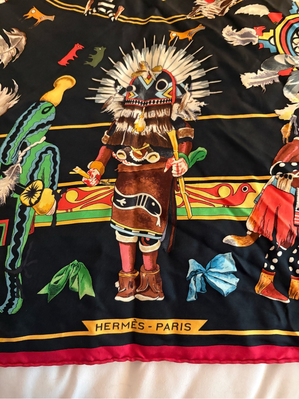 Hermes Black Silk Scarf with Multicolor Tribal & Ceremonial Motifs - Picture 2 of 3